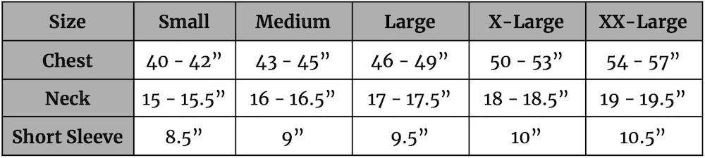 Weekender Shirt Size Chart